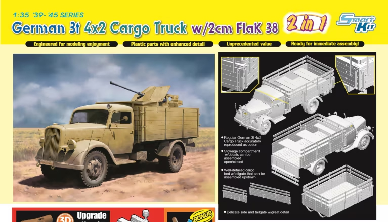 DR6828 - GERMAN 3t 4X2 CARGO TRUCK w/2cm FlaK 38 (SMART KIT) (2 IN 1)